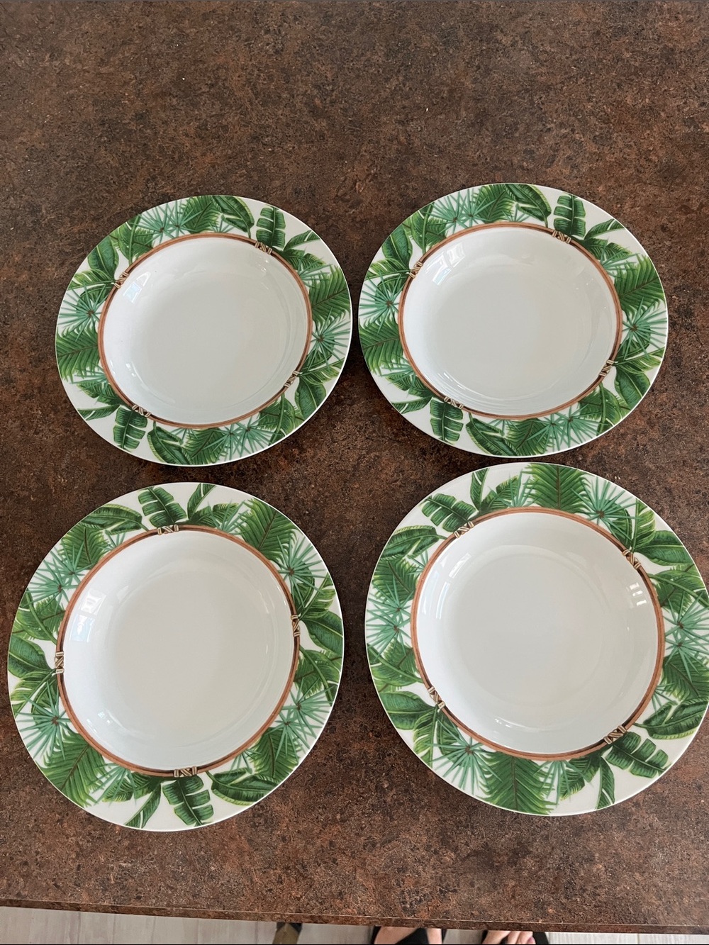 4 Florida Marketplace Palm Island tropical palm leaf rimed soup bowls green 8.5
